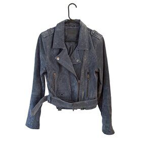 Blanknyc Womens Blue Leather Moto Jacket With Belt Waist & Zipper Pockets Size M